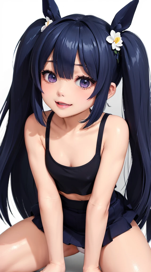 (masterpiece:1.3), (Best Quality:1.3), (Ultra-detailed:1.2), ((kawaii)), Cute, (lovely), ((sexy)), ((Extremely detailed)), 4K, (8K), Best Quality, (Beautiful), Illustration, anime style, (bold line:1.2), Gradation, looking at viewer, //, (bent down:1.1), (arms behind back), //, a cute girl, 1girl, (solo:1.2), gleaming skin, //, (flat nude chested), (Perfect eyes:1.2), (Perfect iris:1.2), //, darkblue hair color, (beautiful eyes) //, (half closed eyes:1.3), (sexual expression:1.2), Fascinated expression, smile, (blush:1.2), //, modern city bacground, on rock, tank top with skirt, twin tails, muscle girl, hard abs, nude