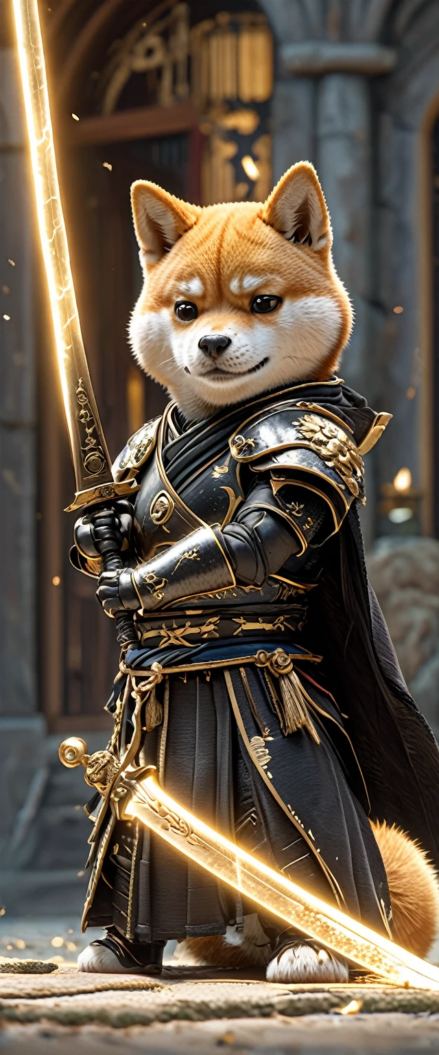 Close-up shot of a Shiba Inu, Shiba Inu Samurai,whole body, He has a Japanese sword wrapped in lightning., Wearing a black Japanese kimono, Japanese castle background, High resolution, masterpiece, Highest quality, Super detailed, Super detailed, Ultra-realistic,
Hong Kong Style, 3D Fluffy, Cute and adorable close-ups, Cute big round reflective eyes, Long fuzzy fur, Pixar Rendering, unreal engine Cinematic smooth, Exquisite detail, Cinematic