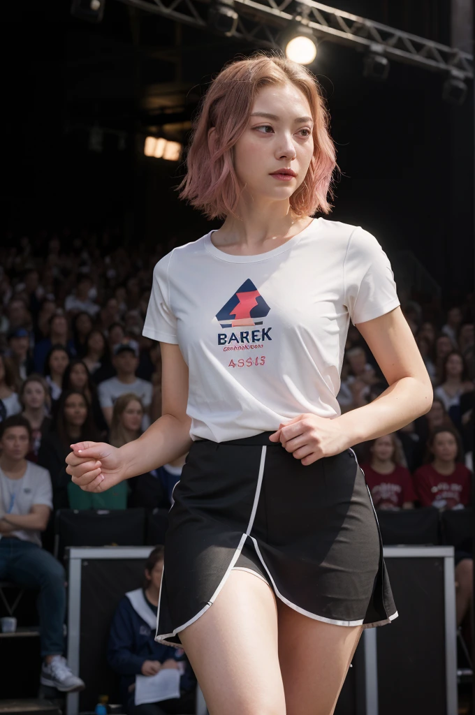 8K,highres,absurdres,masterpiece,best quality,original,extremely detailed CG,extremely detailed wallpaper,perfect lighting,1girl,blurry_background,looking_at_viewer,standing on the stage,
Haruno Sakura,white pale skin,pink eyes,short straight forward hair,black lycra shorts under skirt,white sleevles t-shirt,