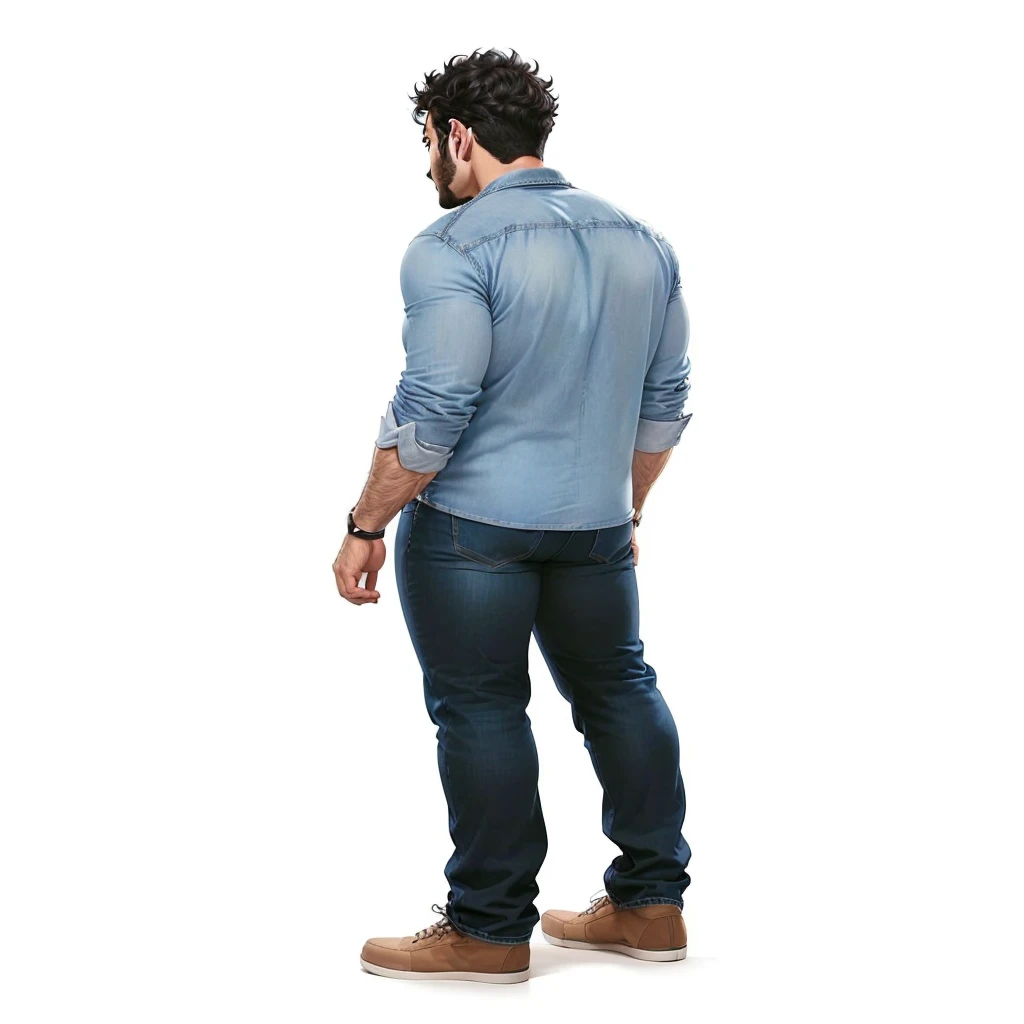 arafed man in a blue shirt and jeans standing with his back to the camera, wearing a shirt and a jean, wearing a dark shirt and jeans, wearing a jeans jackets, in full growth from the back, wearing casual clothing, full growth from the back, modern casual clothing, with his back turned, distant full body view, lit from the side