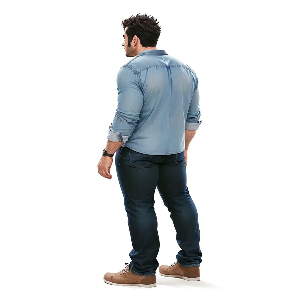 arafed man in a blue shirt and jeans standing with his back to the camera, wearing a shirt and a jean, wearing a dark shirt and jeans, wearing a jeans jackets, in full growth from the back, wearing casual clothing, full growth from the back, modern casual clothing, with his back turned, distant full body view, lit from the side