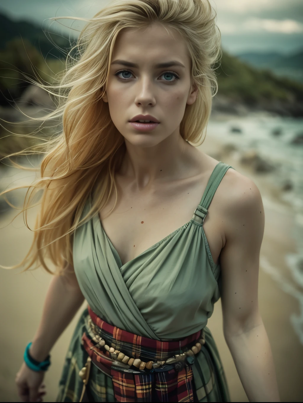 photo awarded best quality masterpiece upper body woman freckled face blonde hair blonde blown by wind emerald eyes strapless dress modern by Jeremy Lipking by Antonio J. Manzanedo by lee jeffries Nikon D850 film Stock Photography 4 camera kodak portra 400 lens f1.6 rich colors realistic texture hyper realistic dramatic lighting unreal mechanism trend on artstation cinestill 800,  fisheye lens, kilt style, windy beach, Scottish loch, forest