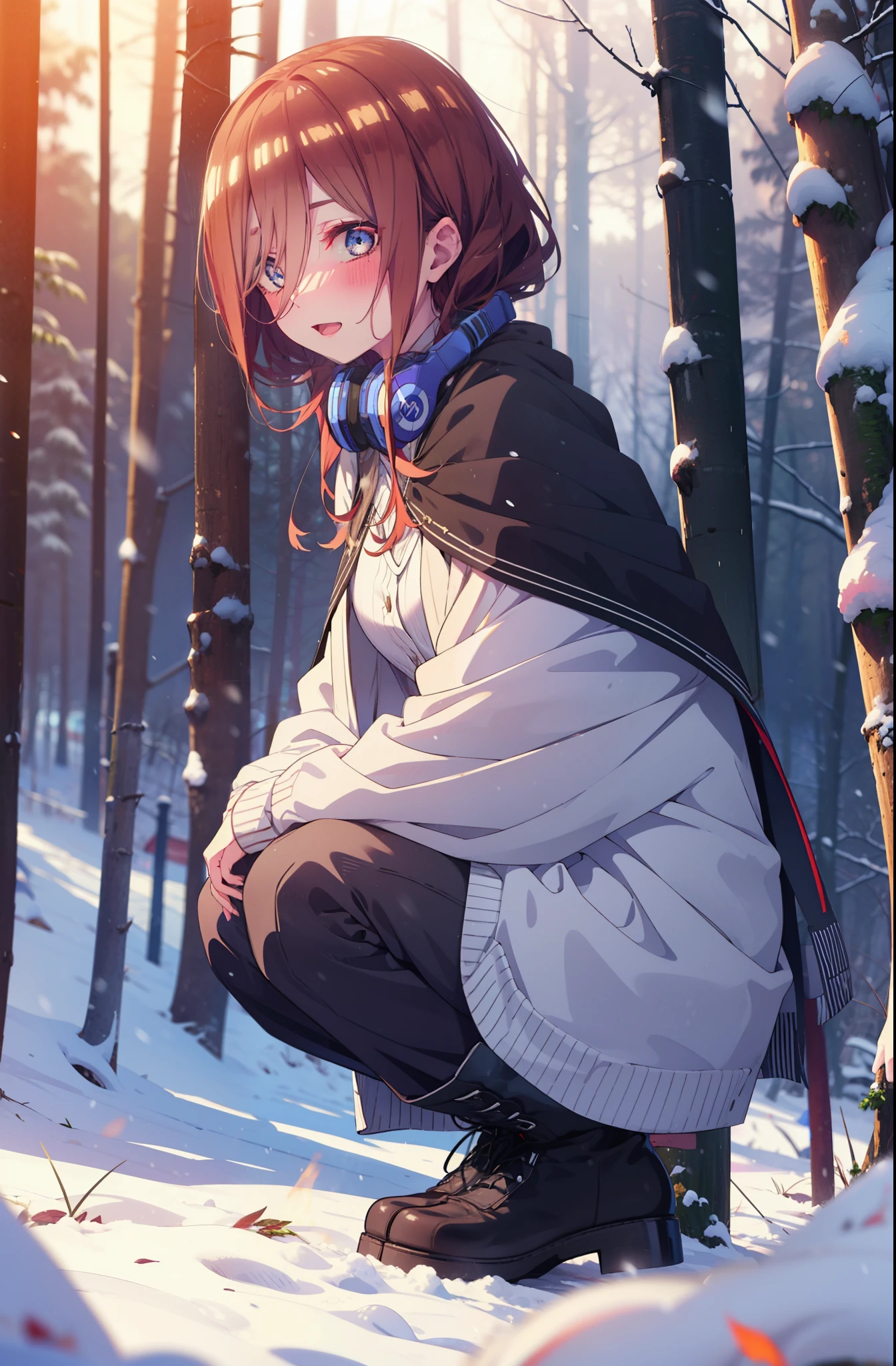 miku nakano, miku nakano, Long Hair, bangs, Brown Hair, shirt, Hair between the eyes, cardigan, Headphones around the neck,smile,blush,White Breath,
Open your mouth,snow,Ground bonfire, Outdoor, boots, snowing, From the side, wood, suitcase, Cape, Blurred, Increase your meals, forest, White handbag, nature,  Squat, Mouth closed, フードed Cape, winter, Written boundary depth, Black shoes, red Cape break looking at viewer, Upper Body, whole body, break Outdoor, forest, nature, break (masterpiece:1.2), Highest quality, High resolution, unity 8k wallpaper, (shape:0.8), (Beautiful and beautiful eyes:1.6), Highly detailed face, Perfect lighting, Highly detailed CG, (Perfect hands, Perfect Anatomy),