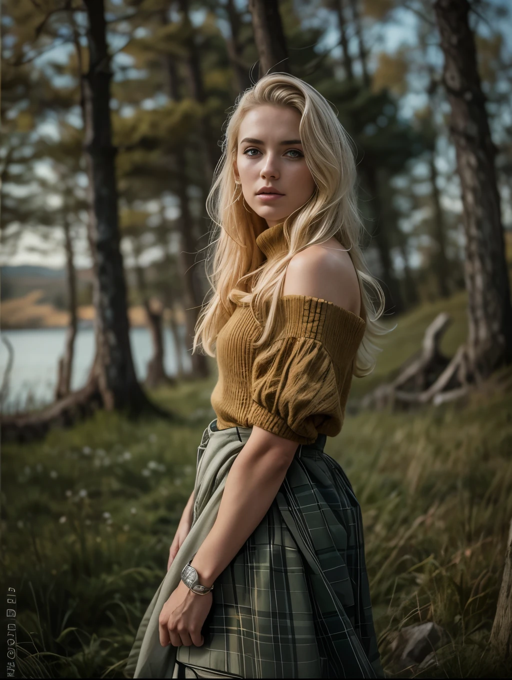 photo awarded best quality masterpiece upper body woman freckled face blonde hair blonde blown by wind emerald eyes strapless dress modern by Jeremy Lipking by Antonio J. Manzanedo by lee jeffries Nikon D850 film Stock Photography 4 camera kodak portra 400 lens f1.6 rich colors realistic texture hyper realistic dramatic lighting unreal mechanism trend on artstation cinestill 800,  fisheye lens, kilt style, windy beach, Scottish loch, forest