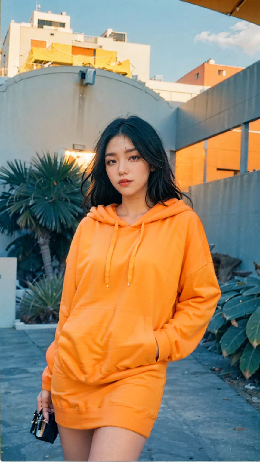 ((long shot photography)) ((best quality)), ((masterpiece)), (detailed),upper body,close-up, 8k, RAW photo,1 girl,smilie,real polaroid photo, beautiful, ultra-realistic,detail face ,light leak,dark intens shadow ,(black pixie hair, almond eye, no makeup, (((blank oversized orange hoodie))), yellow color skirt,the scene takes in front Hotel Victor Miami (very detailed:1.1), ((masterpiece)),summer, blue sky, palm trees,sunny,