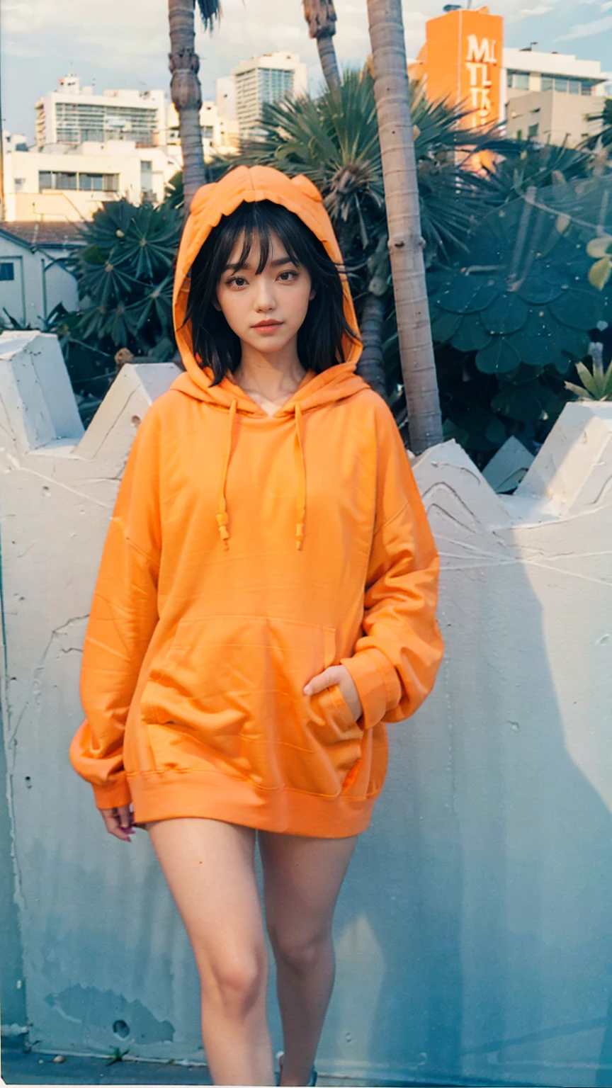 ((long shot photography)) ((best quality)), ((masterpiece)), (detailed),upper body,close-up, 8k, RAW photo,1 girl,smilie,real polaroid photo, beautiful, ultra-realistic,detail face ,light leak,dark intens shadow ,(black pixie hair, almond eye, no makeup, (((blank oversized orange hoodie))), yellow color skirt,the scene takes in front Hotel Victor Miami (very detailed:1.1), ((masterpiece)),summer, blue sky, palm trees,sunny,