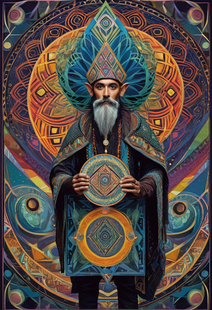 the court fool holding a sign in front of him, center, detailed, geometric patterns, visionary art, shamanic, dark colors