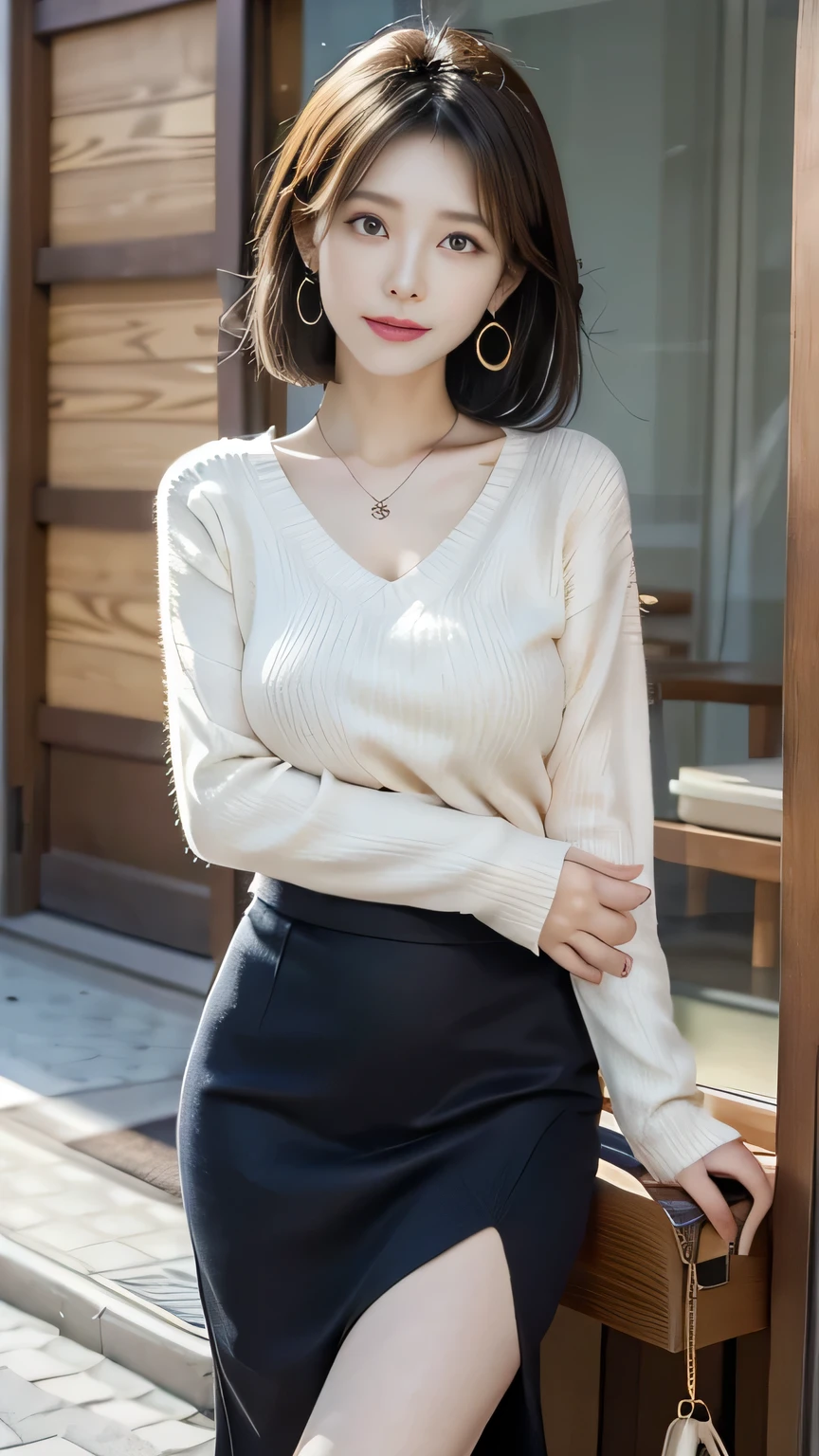 She has medium sized breasts,One girl, alone, Japanese women, Mature Woman,Tight Skirt,V-neck summer sweater,Thin legs,necklace,Earrings,watch,