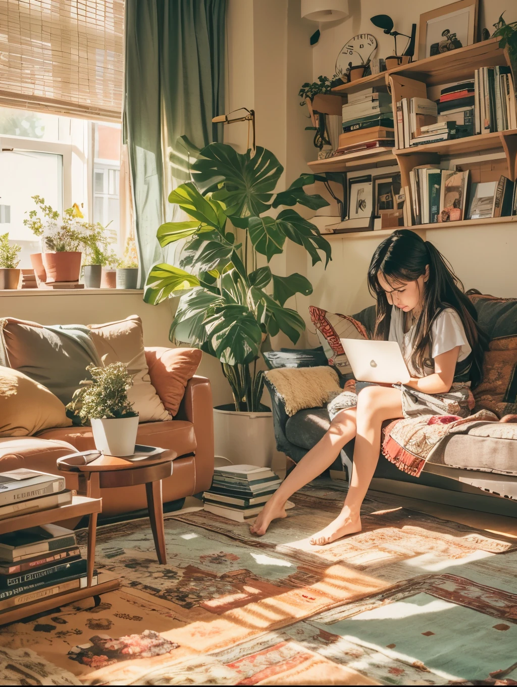 living room, couch, window, curtains, dappled sunlight, potted plant, table, cabinet,bookshelf, paper, desk lamp, typewriter, girl sitting on sofa