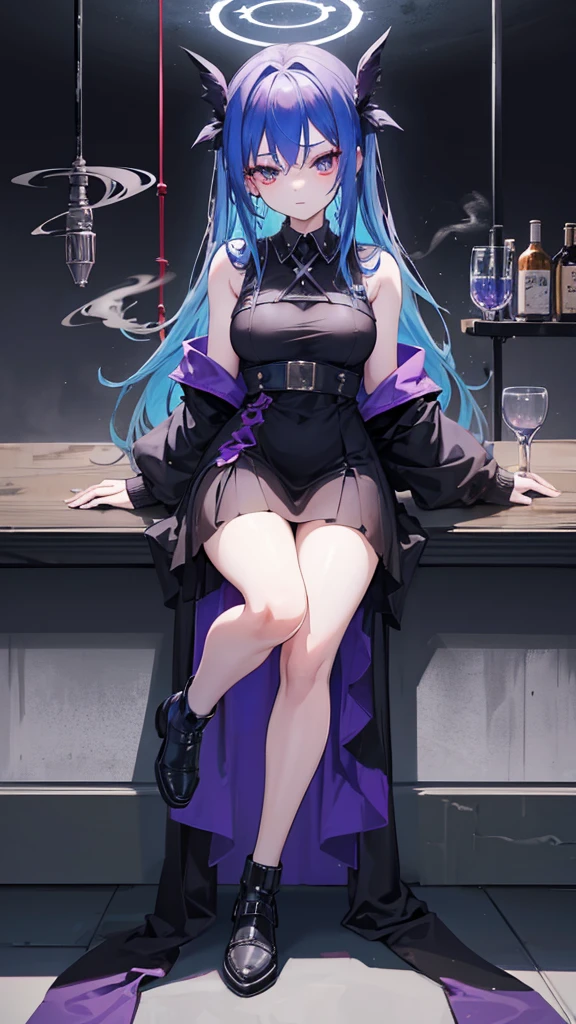 Baku no hero Academy + full body + 17-year-old girl with blue hair down to her shoulders and light brown eyes with beautiful black wings. Wearing a dress, at a bar, sat on a table, holding to a iron rod from the ceiling, smoke, people around, dark ambient, purple and red lightning