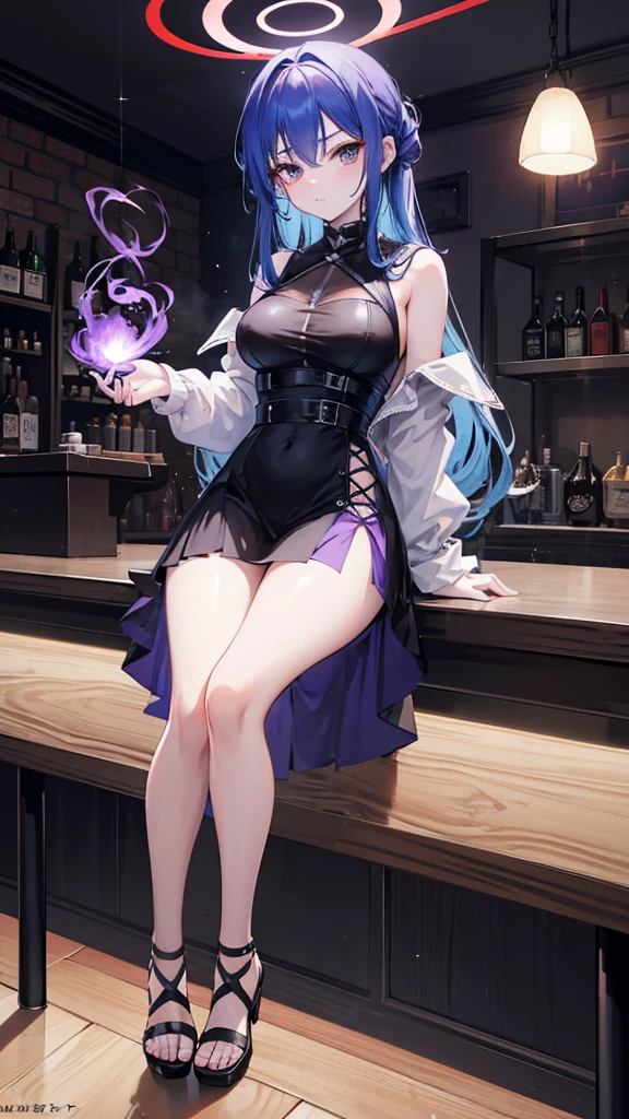 Baku no hero Academy + full body + 17-year-old girl with blue hair down to her shoulders and light brown eyes with beautiful black wings. Wearing a dress, at a bar, sat on a table, holding to a iron rod from the ceiling, smoke, people around, dark ambient, purple and red lightning
