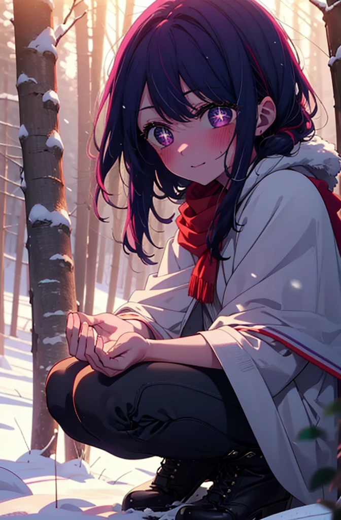 aihoshino, Ai Hoshino, Long Hair, bangs, (Purple eyes:1.1), Purple Hair, (Symbol-shaped pupil:1.5), smile,,smile,blush,White Breath,
Open your mouth,snow,Ground bonfire, Outdoor, boots, snowing, From the side, wood, suitcase, Cape, Blurred, , forest, White handbag, nature, Squat, Mouth closed, Cape, winter, Written boundary depth, Black shoes, red Cape break looking at viewer, Upper Body, whole body, break Outdoor, forest, nature, break (masterpiece:1.2), Highest quality, High resolution, unity 8k wallpaper, (shape:0.8), (Beautiful and beautiful eyes:1.6), Highly detailed face, Perfect lighting, Extremely detailed CG, (Perfect hands, Perfect Anatomy),