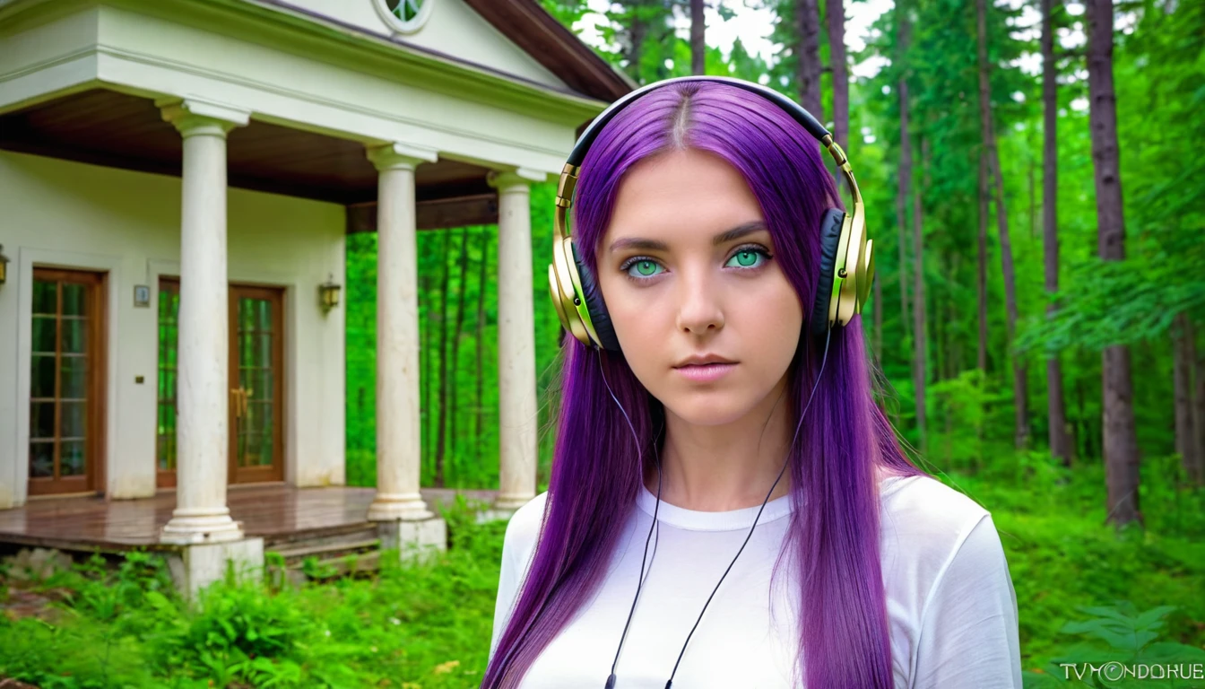HDR, BETTER IMAGE, WOMAN WITH GREEN EYES, FULL BODY IMAGE, WITH SMALL HEADPHONES, LISTENING TO MUSIC, LONG PURPLE STRAIGHT HAIR, NATURE, FOREST, IVORY HOUSE WITH GOLD, IVORY COLUMN WITH GOLD, YOUTUBE SYMBOL