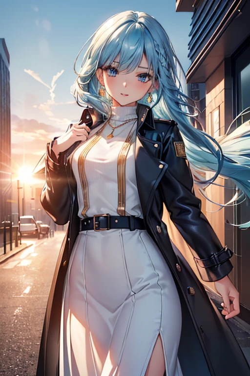 #Basics A girl is posing for a photo, animeのかわいい女の子, (((One Girl, Baby Face, Young girl, 16 years old))),
BREAK
#Clothing Accessories
(((White high neck knit shirt + White maxi skirt + Black leather belt + Long trench coat + leather ankle boots), Silver necklace decorated with blue gemstones, Gold Earrings)),
BREAK
#Features
((Sky Blue Hair:1.4), Slicked Back Bangs:1.4, (Long Hair : Straight hair + Long Hair)),
(Droopy eyes,blue eyes), (Small breasts),
BREAK
#background environment
((noon, Sunshine + An office district lined with modern buildings)),
#Facial Expression Pose
(smile),
#composition
((Face the camera, Cowboy Shot:1.4)),
BREAK
#Body parts elements
(Symmetrical facial features, Beautiful face with attention to detail),
(Detailed hair, Beautiful Hair, Shiny Hair),
(double eyelid, Long eyelashes),
(Expression of fine eyes, Beautiful and delicate eyes, Sparkling eyes, Eye Reflexes),
(Human Ear),
(Beautiful Nose, Thin Nose),
(Glossy lips, Beautiful Lips, Thick lips),
(Detailed skin, Textured skin, Beautiful Skin),
BREAK
#Quality
(((Highest quality)), ((masterpiece)), ((Very detailed))), ((High resolution), (16K,1080P)),
(Realistic), (Anatomically correct),
((comics, anime)), (3DCG), CG illustration,