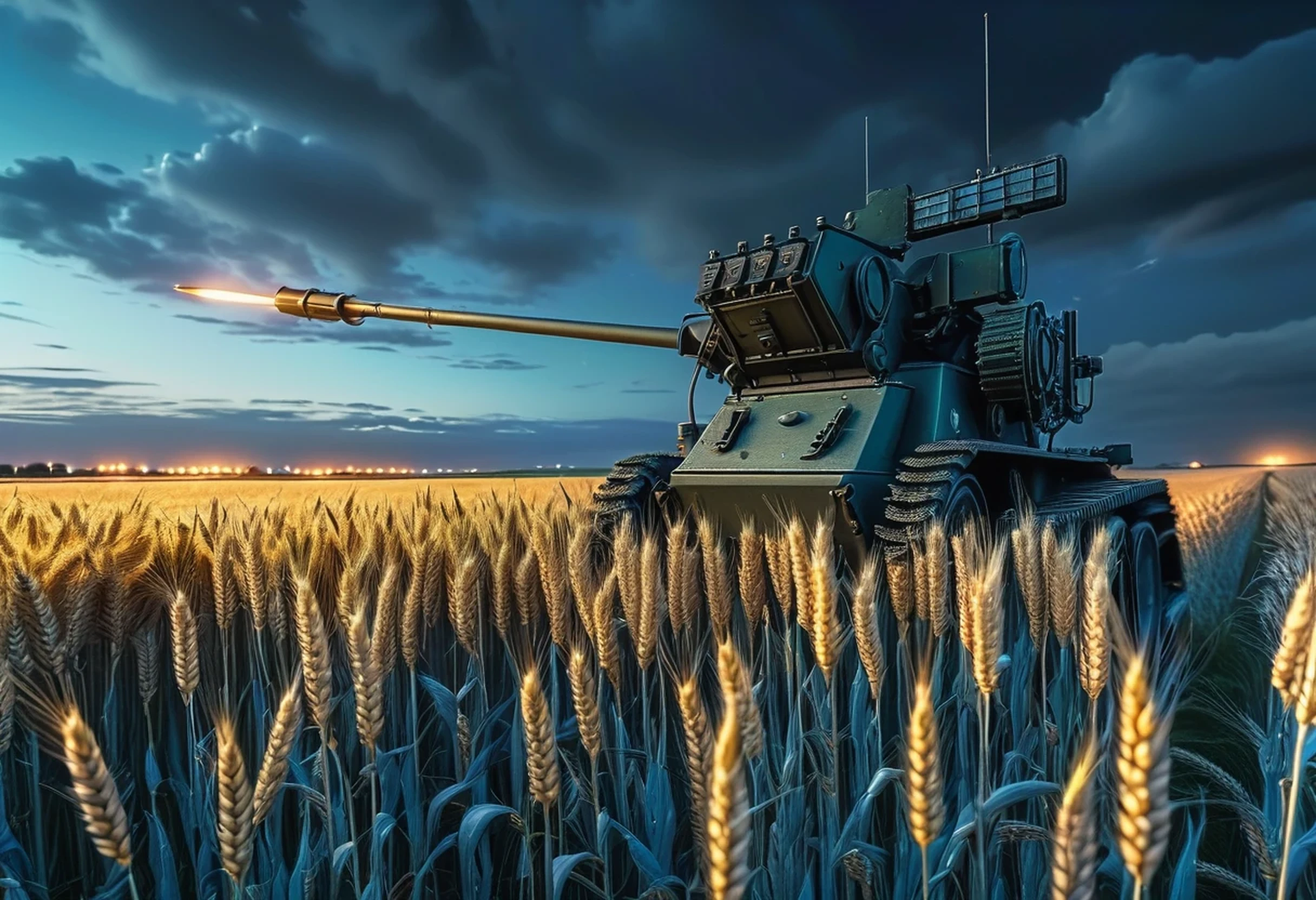 exterior landscape of a wheat field in Germany, several Patriot anti-aircraft batteries are located in the field, bluish lights, 4k, ultra detailed image, realistic, very detailed, perfect composition, splendid, intricately detailed, incredibly detailed, art photography 8k, hyper detailed, Masterpiece, ultra detailed, hyper realistic, 4k, ultra detailed image, realistic, highly detailed, perfect composition, splendid, intricately detailed, incredibly detailed, Artistic photography in 8k, hyper detailed