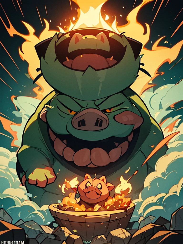 an angry pig with very bright eyes and smoke from its nose and drool, Green snout and fangs. with fire and heavy metal guitars and it is a poster for a nightmarish horror and horror movie