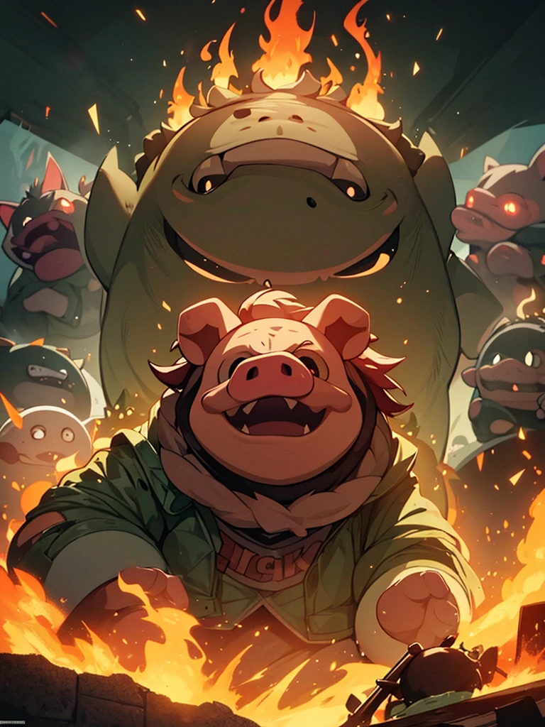 an angry pig with very bright eyes and smoke from its nose and drool, Green snout and fangs. with fire and heavy metal guitars and it is a poster for a nightmarish horror and horror movie