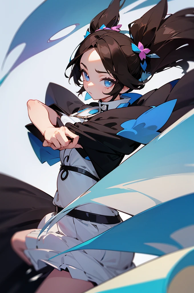 A , with straight, dark brown hair. Her eyes are also dark brown in color. She has fair skin and is beautiful. Her personality is extroverted She is wearing a dress with white and blue colors. The image is in the drawing style of the anime Kimetsu no Yaiba.