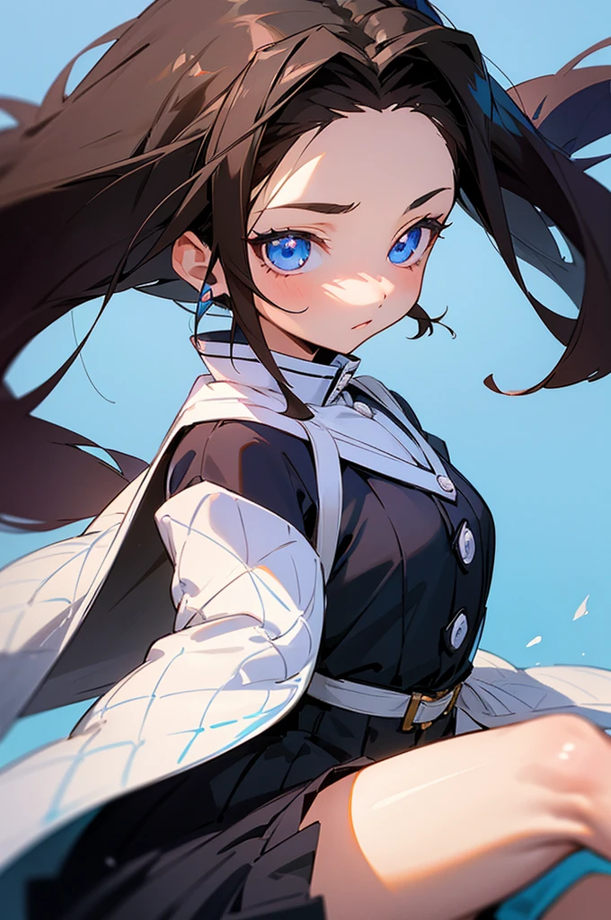 A , with straight, dark brown hair. Her eyes are also dark brown in color. She has fair skin and is beautiful. Her personality is extroverted She is wearing a dress with white and blue colors. The image is in the drawing style of the anime Kimetsu no Yaiba.