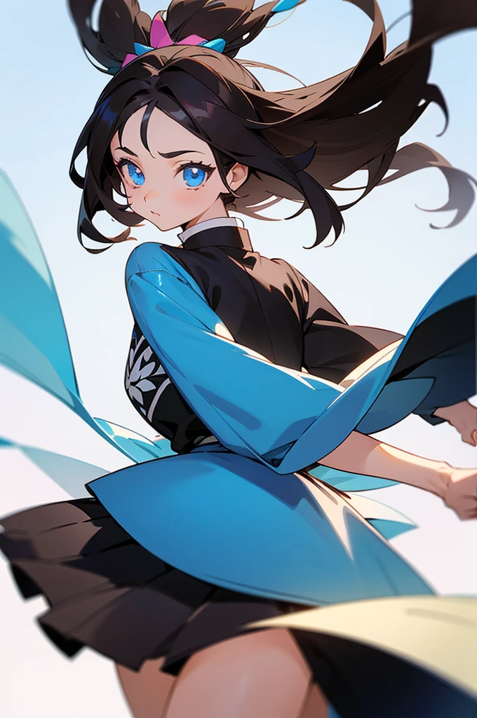 A , with straight, dark brown hair. Her eyes are also dark brown in color. She has fair skin and is beautiful. Her personality is extroverted She is wearing a dress with white and blue colors. The image is in the drawing style of the anime Kimetsu no Yaiba.