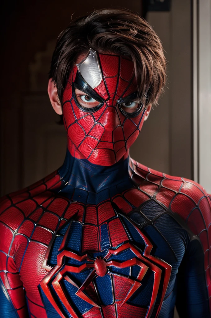 A photograph of spider man, no mask, 20 yo, handsome, detailed face, looking at camera, portrait, 8k uhd, high quality