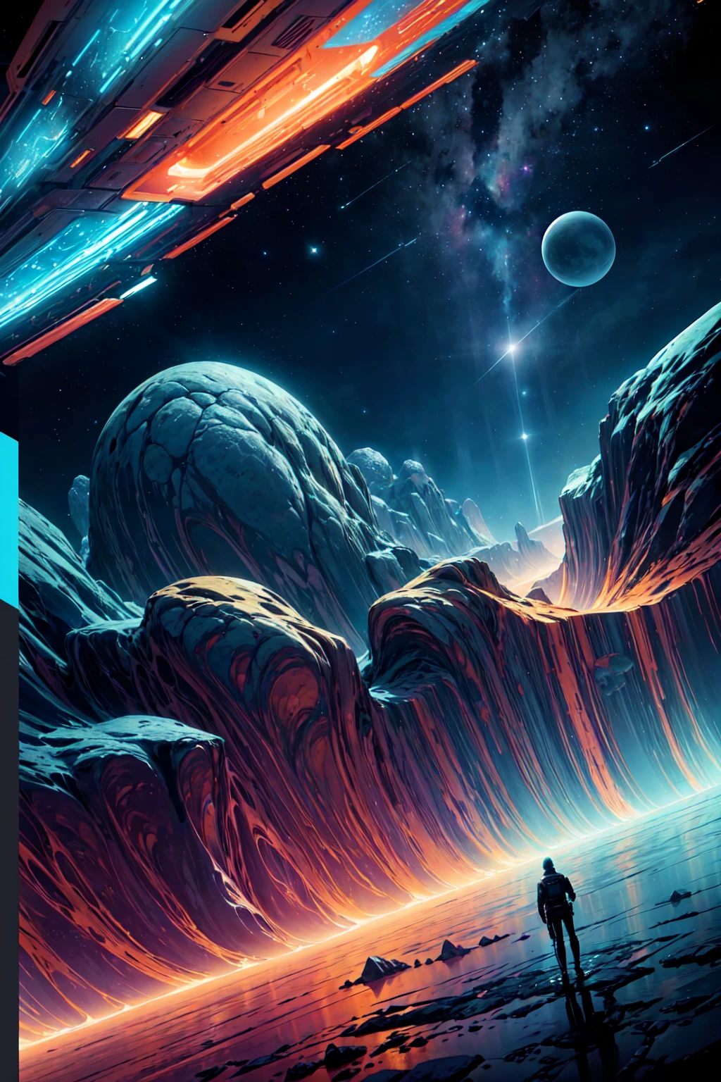 cinematic wide shot of a futuristic, colorful, and expansive cosmic landscape, 8k, hyperrealistic, dramatic lighting, volumetric fog, glowing nebulae, swirling galaxies, floating crystal structures, intricate details, photorealistic, cinematic composition, moody atmosphere, rich color palette, mesmerizing visual effects, stunning beauty, awe-inspiring scale