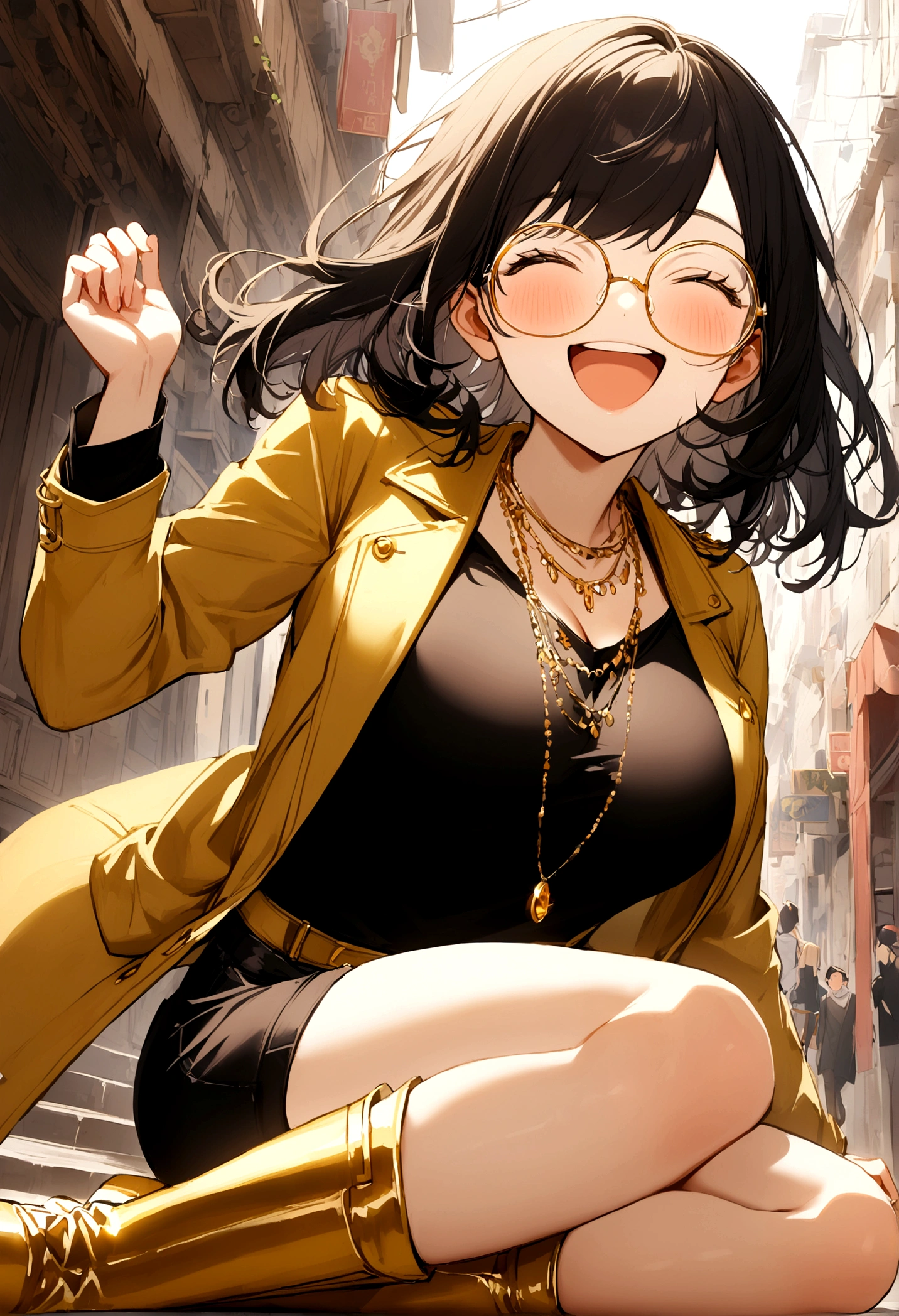 1girl, gold necklace, medium hair, black hair, gold jacket, black shirt, black shorts, gold boots, gold glasses, large breasts, happy, young,