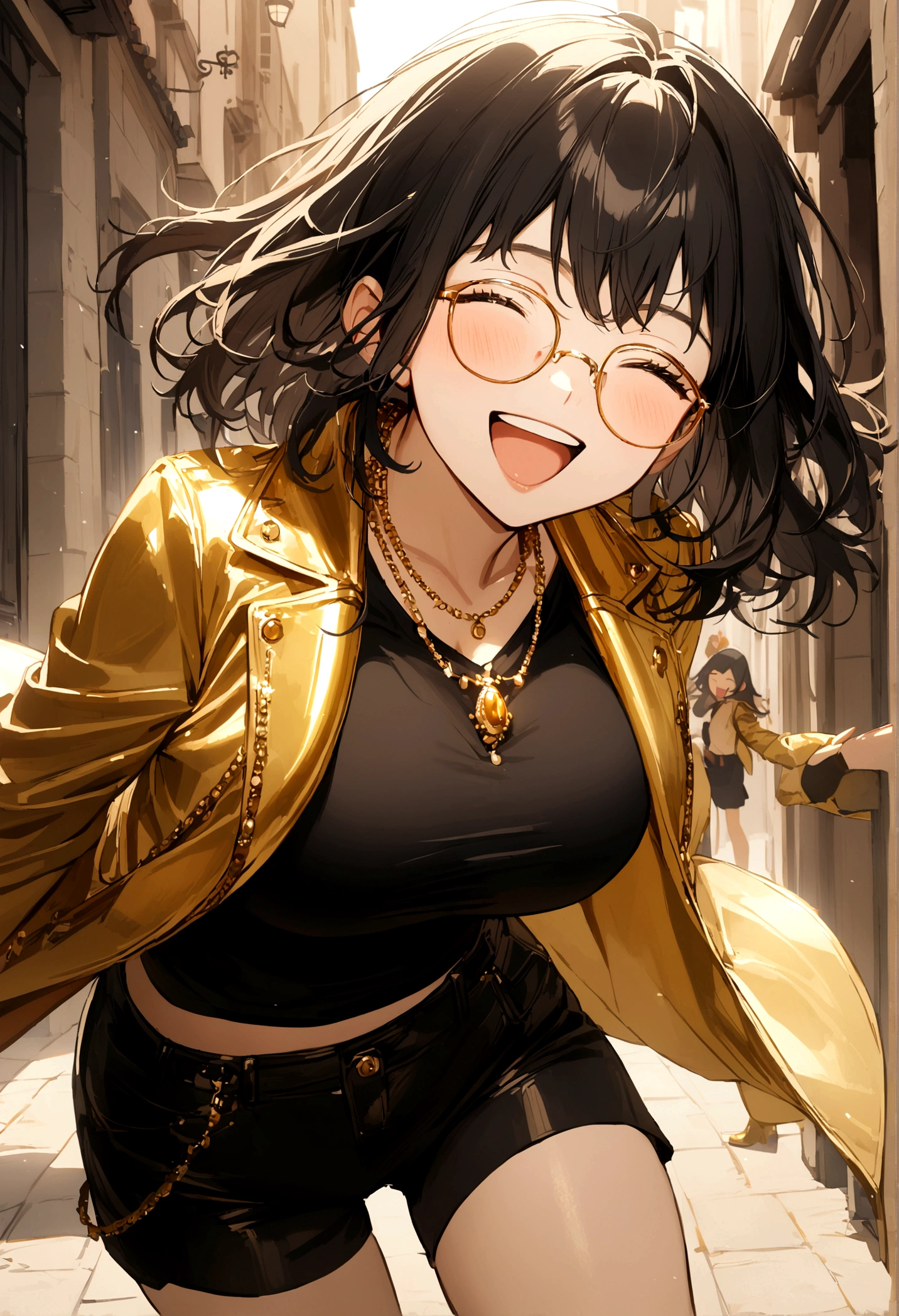 1girl, gold necklace, medium hair, black hair, gold jacket, black shirt, black shorts, gold boots, gold glasses, large breasts, happy, young,
