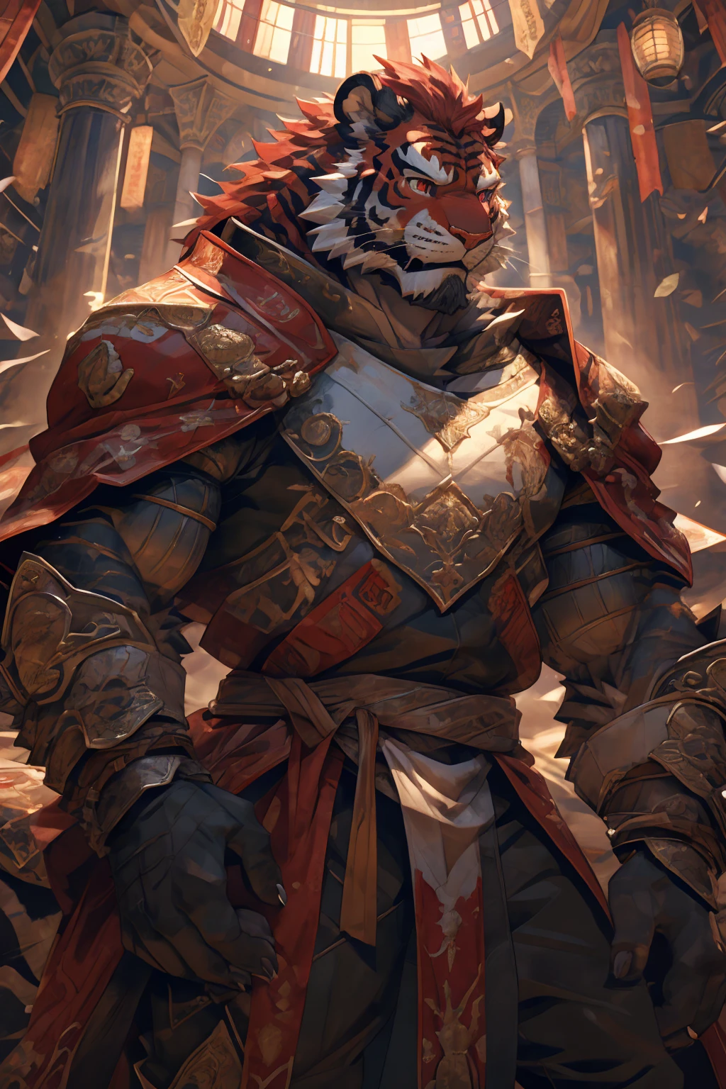 (赤红色tiger),(赤红流火Military commander战袍),(Holding a long sword),Awesome posture,Sitting quietly on the edge of the cliff,(The background is a city with bright lights.:1.2),Abdominal muscles,完美的masterpiece,Various facial details,Close-up view,specific description,masterpiece,cg,(Red eyes),Crimson pattern,Crimson tail,Military commander,Heroic,tiger,Crimson fur,Detailed facial details,),(Half Body),(Long feather),((middle aged)),(Face Focus:1.3),(16K),HD,Red and white abdomen,temple,beard,(Face lines),Heterochromia,(Red battle robe),(Crimson hair),Strong,muscle,(high resolution:1.3),