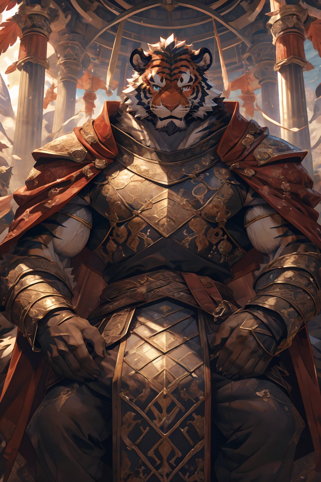 (赤红色tiger),(赤红流火Military commander战袍),(Holding a long sword),Awesome posture,Sitting quietly on the edge of the cliff,(The background is a city with bright lights.:1.2),Abdominal muscles,完美的masterpiece,Various facial details,Close-up view,specific description,masterpiece,cg,(Red eyes),Crimson pattern,Crimson tail,Military commander,Heroic,tiger,Crimson fur,Detailed facial details,),(Half Body),(Long feather),((middle aged)),(Face Focus:1.3),(16K),HD,Red and white abdomen,temple,beard,(Face lines),Heterochromia,(Red battle robe),(Crimson hair),Strong,muscle,(high resolution:1.3),