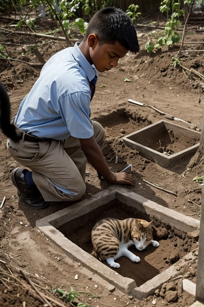 A boy digs a grave to bury his dead cat and cries. The body of the dead cat is next to him.