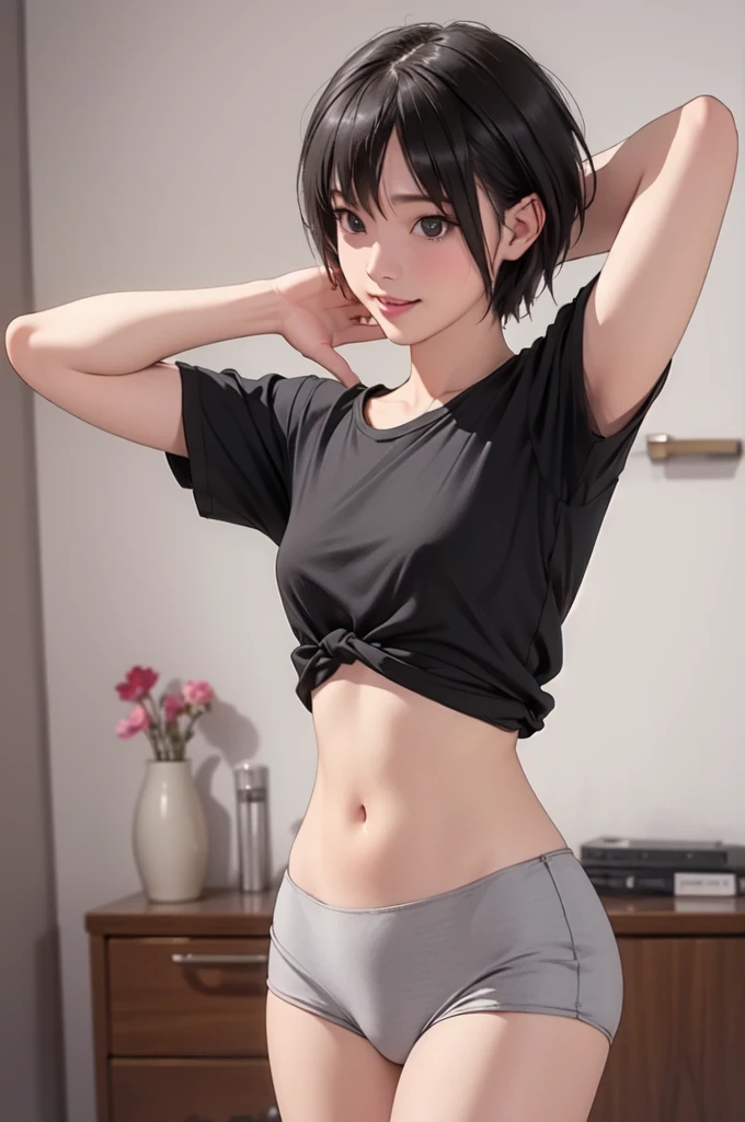 (masterpiece, best quality)),((highres:1.2)), 1 Girl, solo, Blurred Background, (((Small breasts))), Thighs, (Groin), gray stripe underwear, (long T-Shirts:1.3), (pixie cut:1.3), [[navel]], cheek, Excited pose