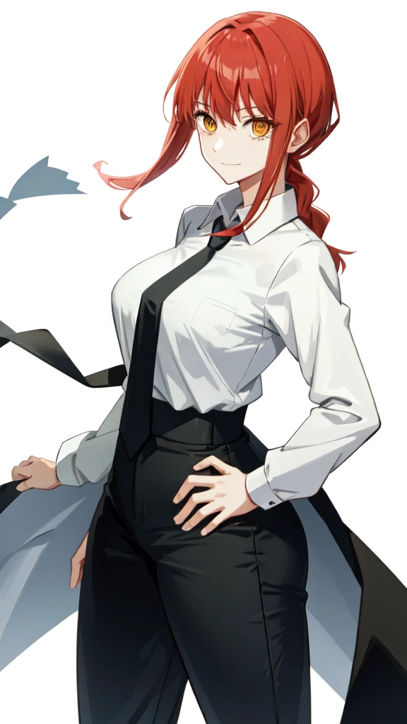 makima\(chainsaw man\), smile, long sleeves, red hair, necktie, large breasts, solo, looking at viewer, thick thighs, hand on hip, pants, black pants, yellow eyes, 1girl, white shirt, braided ponytail, ringed eyes, high-waist pants, shirt, braid, shirt tucked in, simple background, white background, black necktie, collared shirt