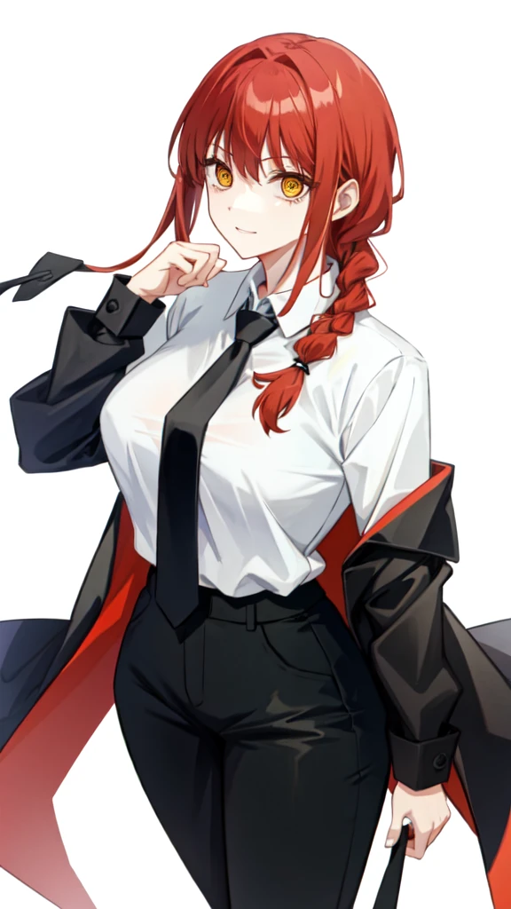 makima\(chainsaw man\), smile, long sleeves, red hair, necktie, large , solo, looking at viewer, thick thighs, hand on hip, pants, black pants, yellow eyes, 1girl, white shirt, braided ponytail, ringed eyes, high-waist pants, shirt, braid, shirt tucked in, simple background, white background, black necktie, collared shirt