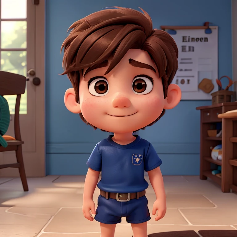 a Little boy 12 years with brown hair. You saw, you saw
. The character is shirtless and wears a dark blue school swimsuit and Disney Pixar swimming lessons