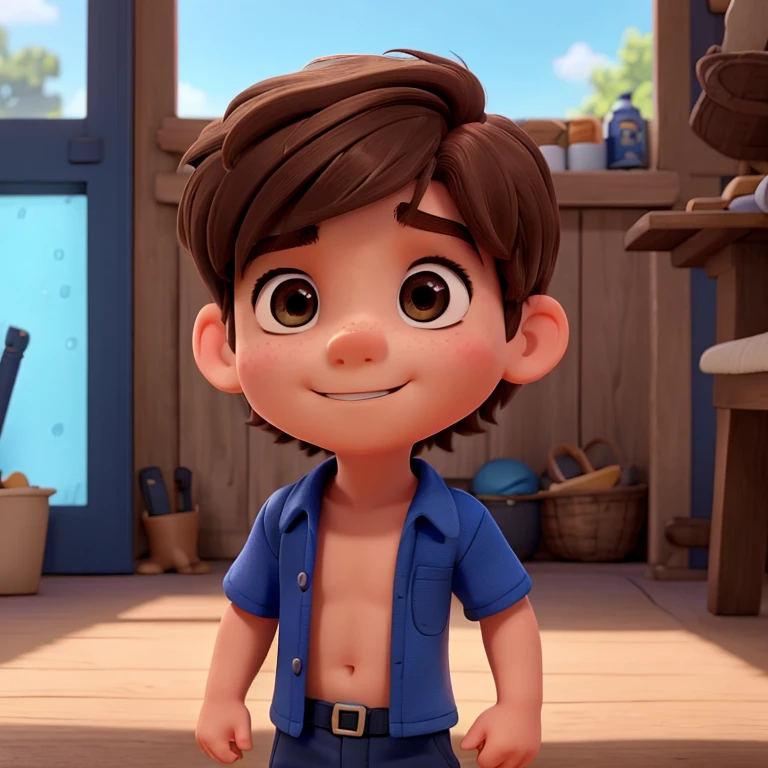 a Little boy 12 years with brown hair. You saw, you saw
. The character is shirtless and wears a dark blue school swimsuit and Disney Pixar swimming lessons