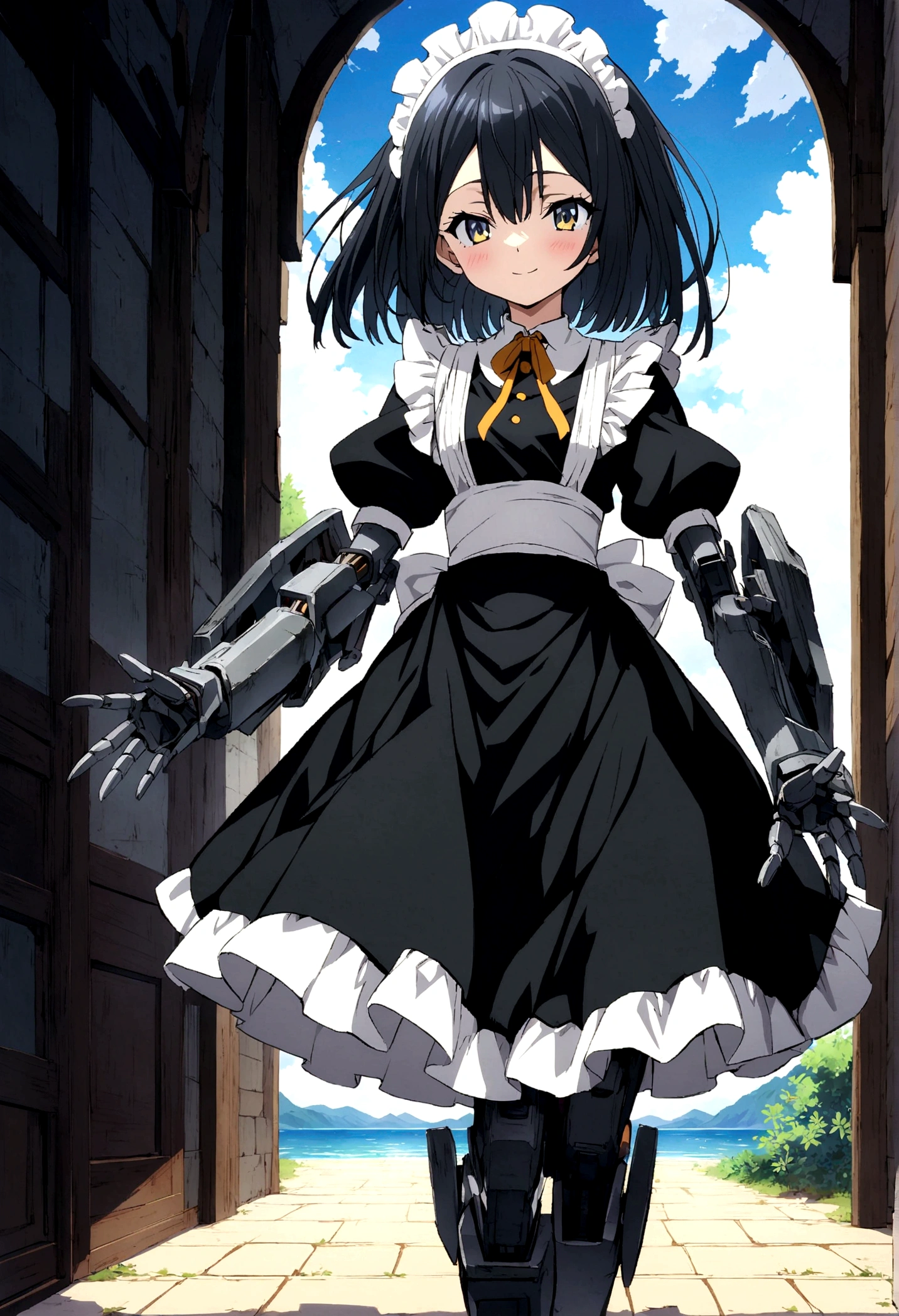 anime character in a black and white dress stands in an arch, Anime girl in a maid costume, anime maid ss military, official art, anime moe artstyle, Anime cat girl in maid costume, anime manga robot!! Anime girl, albedo from the anime overlord, Anime girl wearing a black dress, black, maid outfit, The eyes are black, hair black and white