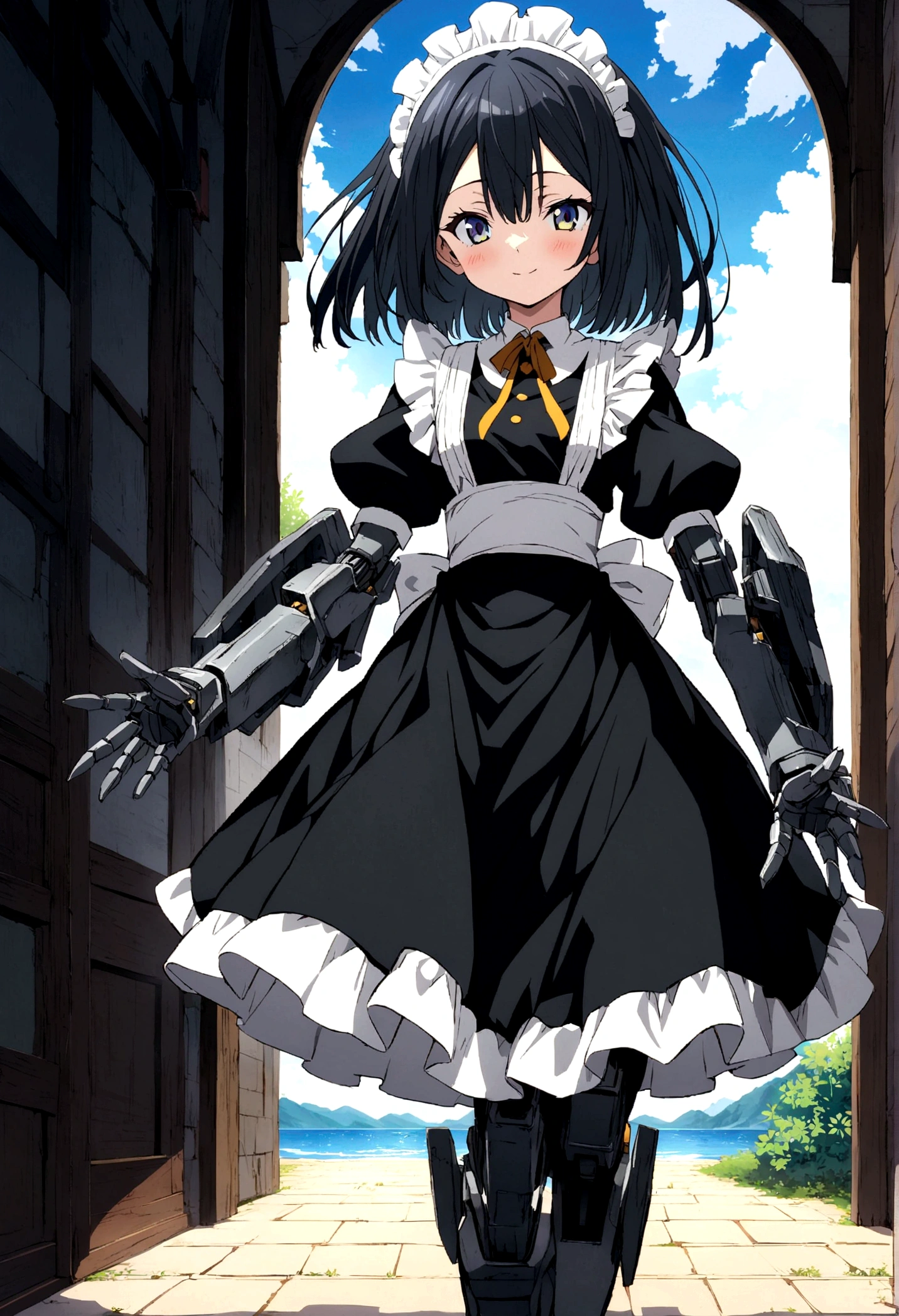 anime character in a black and white dress stands in an arch, Anime girl in a maid costume, anime maid ss military, official art, anime moe artstyle, Anime cat girl in maid costume, anime manga robot!! Anime girl, albedo from the anime overlord, Anime girl wearing a black dress, black, maid outfit, The eyes are black, hair black and white