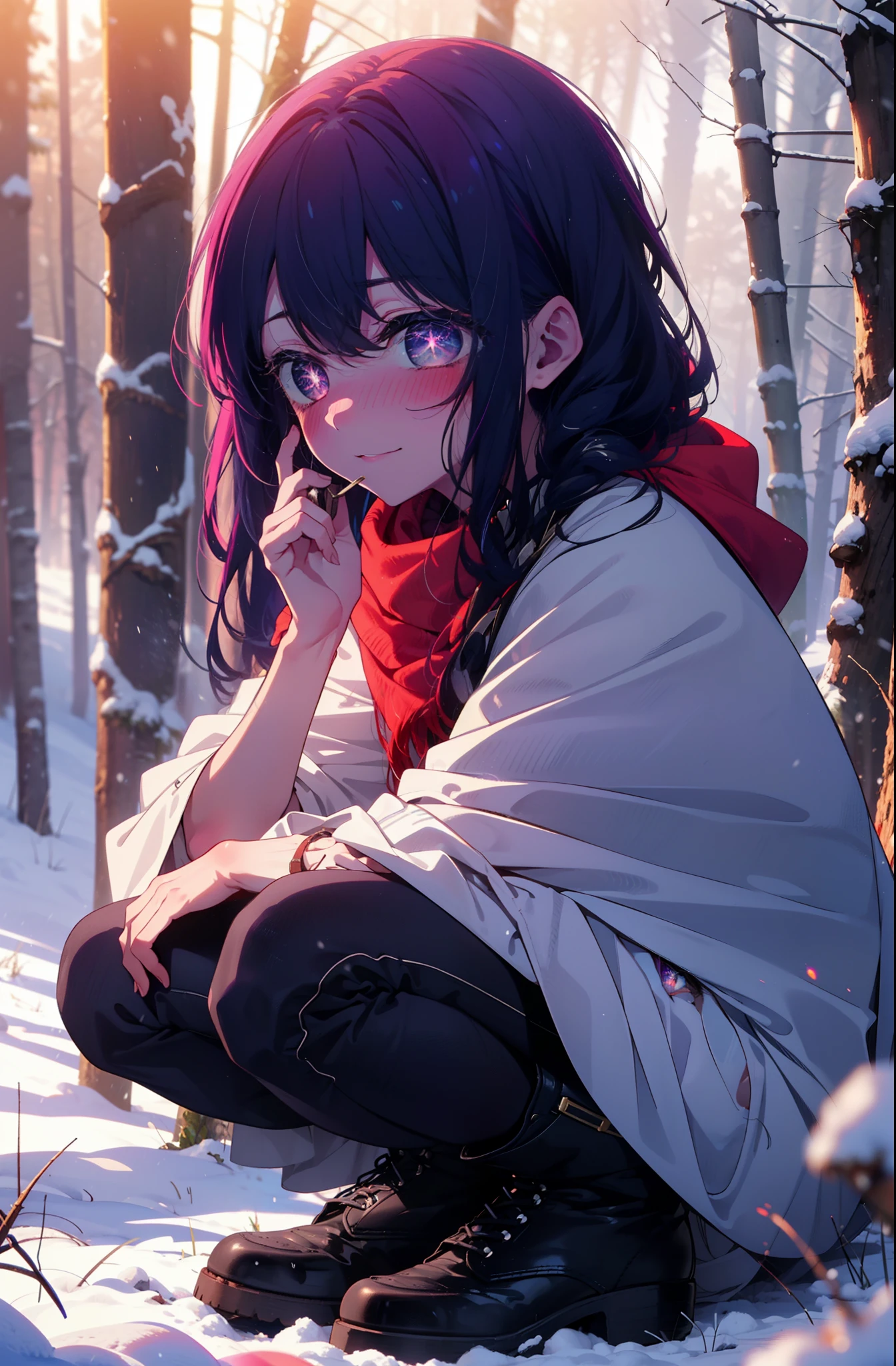 aihoshino, Ai Hoshino, Long Hair, bangs, (Purple eyes:1.1), Purple Hair, (Symbol-shaped pupil:1.5), smile,,smile,blush,White Breath,
Open your mouth,snow,Ground bonfire, Outdoor, boots, snowing, From the side, wood, suitcase, Cape, Blurred, , forest, White handbag, nature,  Squat, Mouth closed, Cape, winter, Written boundary depth, Black shoes, red Cape break looking at viewer, Upper Body, whole body, break Outdoor, forest, nature, break (masterpiece:1.2), Highest quality, High resolution, unity 8k wallpaper, (shape:0.8), (Beautiful and beautiful eyes:1.6), Highly detailed face, Perfect lighting, Extremely detailed CG, (Perfect hands, Perfect Anatomy),