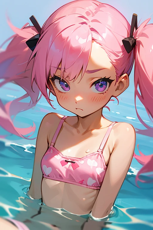 12 year old, pink hair, twin tail, shy face, small bra, big , f cup chest , cute and small swimming panties,  body