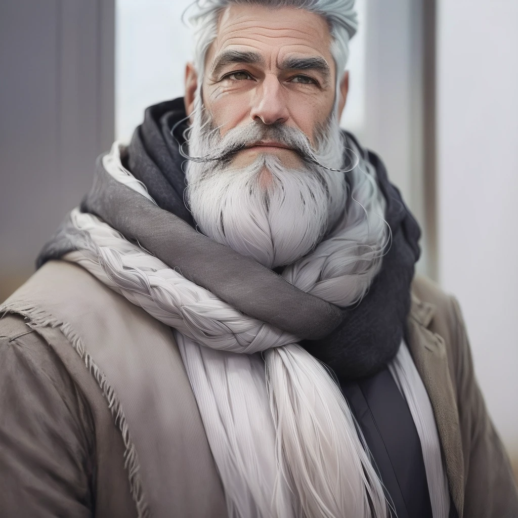 arafed man with a beard and a scarf on, gray hair and beard, dark grey haired man, some grey hair in beard, short white beard, gray beard, silver hair and beard, he has a beard and graying hair, grey beard, neat white beard and hair, white hair and beard, grey trimmed beard, middle aged man