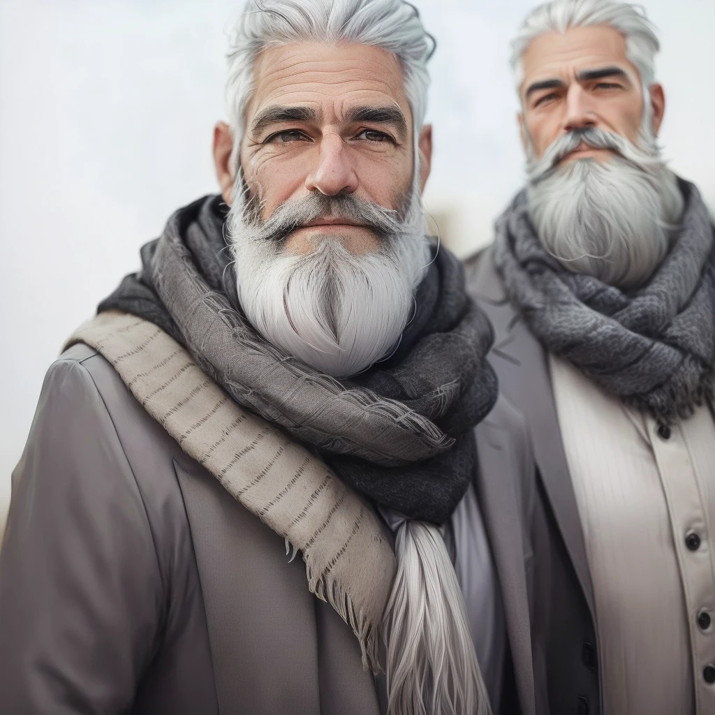 arafed man with a beard and a scarf on, gray hair and beard, dark grey haired man, some grey hair in beard, short white beard, gray beard, silver hair and beard, he has a beard and graying hair, grey beard, neat white beard and hair, white hair and beard, grey trimmed beard, middle aged man