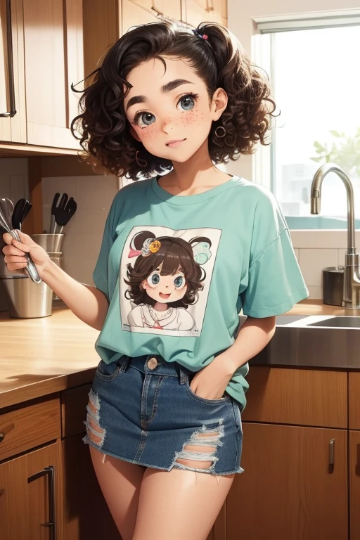 masterpiece, top quality，Cute doodles，funny, Excellence, 10 years，Curly hair, Hair from two tails，bright, inquisitive eyes，freckles，thick eyebrows，short t-shirt，denim mini skirt，open fly，sneakers，Help in the kitchen，