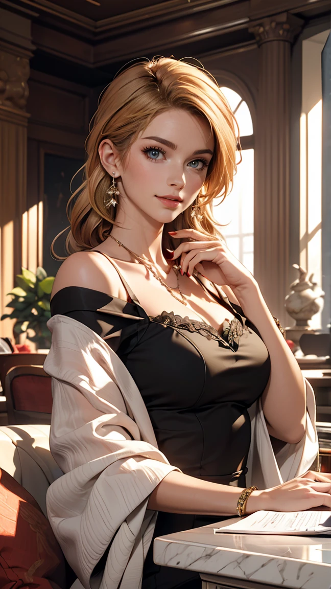 ((最high quality, 8K, masterpiece: 1.3, Ultra HD, high quality, 最high quality, High resolution, realism)) 、A 22-year-old extremely beautiful white woman、Slender but well-proportioned body、Hair color blonde、blue eyeedium Hair、Straight Hair、smile、Background blur((depth of field))、Aerial perspective((atmospheric perspective))、I want my head to stay off screen、Put an anklet on your ankle、Wearing red nail polish、I have a peticure、Slender but well-proportioned body、Inner Color((colored inner hair))、Braided long hair((low-braided long hair))、off shoulder((mini length))Bodycon Wear、Bend forward to emphasize cleavage、Wearing high heels、In a luxurious hotel lobby、There is a front desk、Lavish interior、luxurious furniture、Luxurious sofa