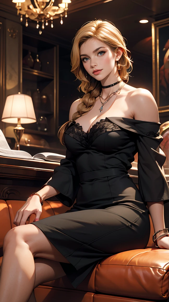 ((最high quality, 8K, masterpiece: 1.3, Ultra HD, high quality, 最high quality, High resolution, realism)) 、A 22-year-old extremely beautiful white woman、Slender but well-proportioned body、Hair color blonde、blue eyeedium Hair、Straight Hair、smile、Background blur((depth of field))、Aerial perspective((atmospheric perspective))、I want my head to stay off screen、Put an anklet on your ankle、Wearing red nail polish、I have a peticure、Slender but well-proportioned body、Inner Color((colored inner hair))、Braided long hair((low-braided long hair))、off shoulder((mini length))Bodycon Wear、Bend forward to emphasize cleavage、Wearing high heels、In a luxurious hotel lobby、There is a front desk、Lavish interior、luxurious furniture、Luxurious sofa