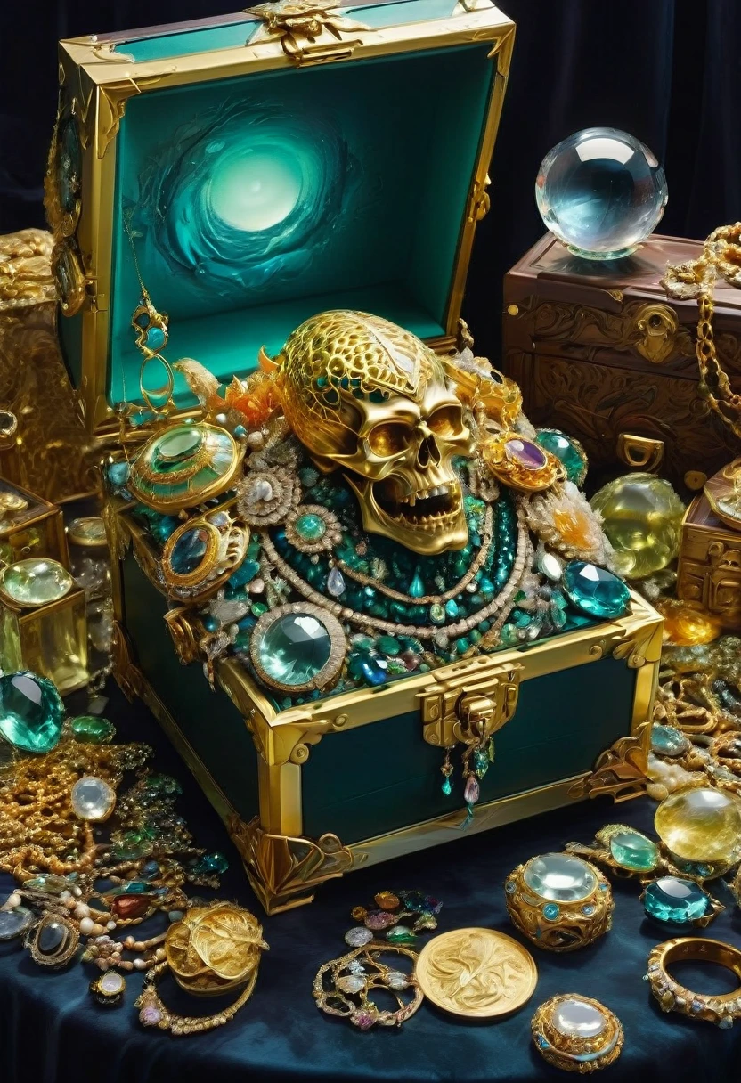 Mimic Monster inside Treasure Box. Scattered jewelry, by Jeanne Mammen, best quality, masterpiece, very aesthetic, perfect composition, intricate details, ultra-detailed