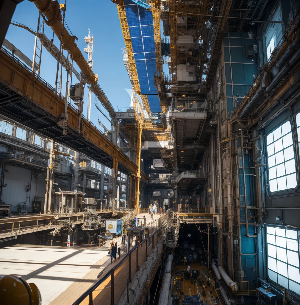 A starship being repaired Ina space station drydock by human and Droid workers
