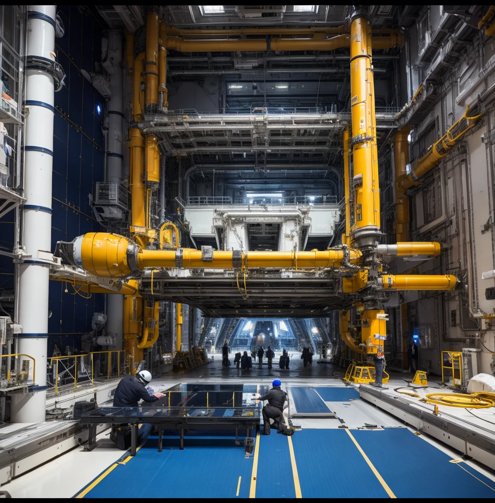 A starship being repaired Ina space station drydock by human and Droid workers
