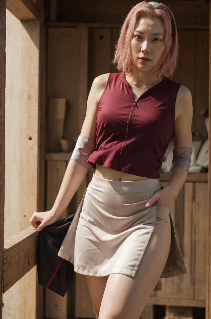 8K,highres,absurdres,masterpiece,best quality,original,extremely detailed CG,
Haruno Sakura,white pale skin,pink eyes,short straight forward hair,black lycra shorts under skirt,white sleevles t-shirt,