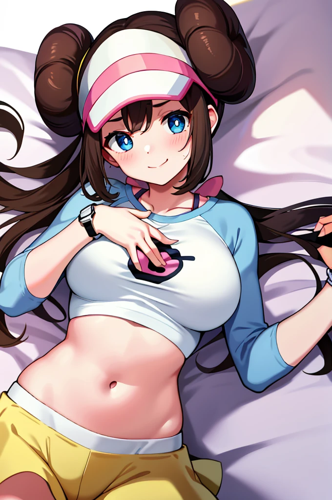 ​masterpiece, top-quality, hight resolution, RO1, Hair buns, blue eyess, Twin-tailed, Visor Cap, raglan sleeves, Yellow shorts, The shirt, Pink ribbon, Watches,large full breasts、、appealing breast、breastso、sexy tummy,  tetas grandes, solo, 1girl, BEDROOM background, hands on chest, embarrased, blush, smile, lying on bed, 